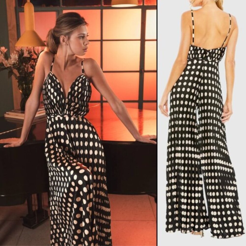 Mac Duggal‎ 27145 Size 4 Black White Polka Dot Pleated Charmeuse V-Neck Jumpsuit